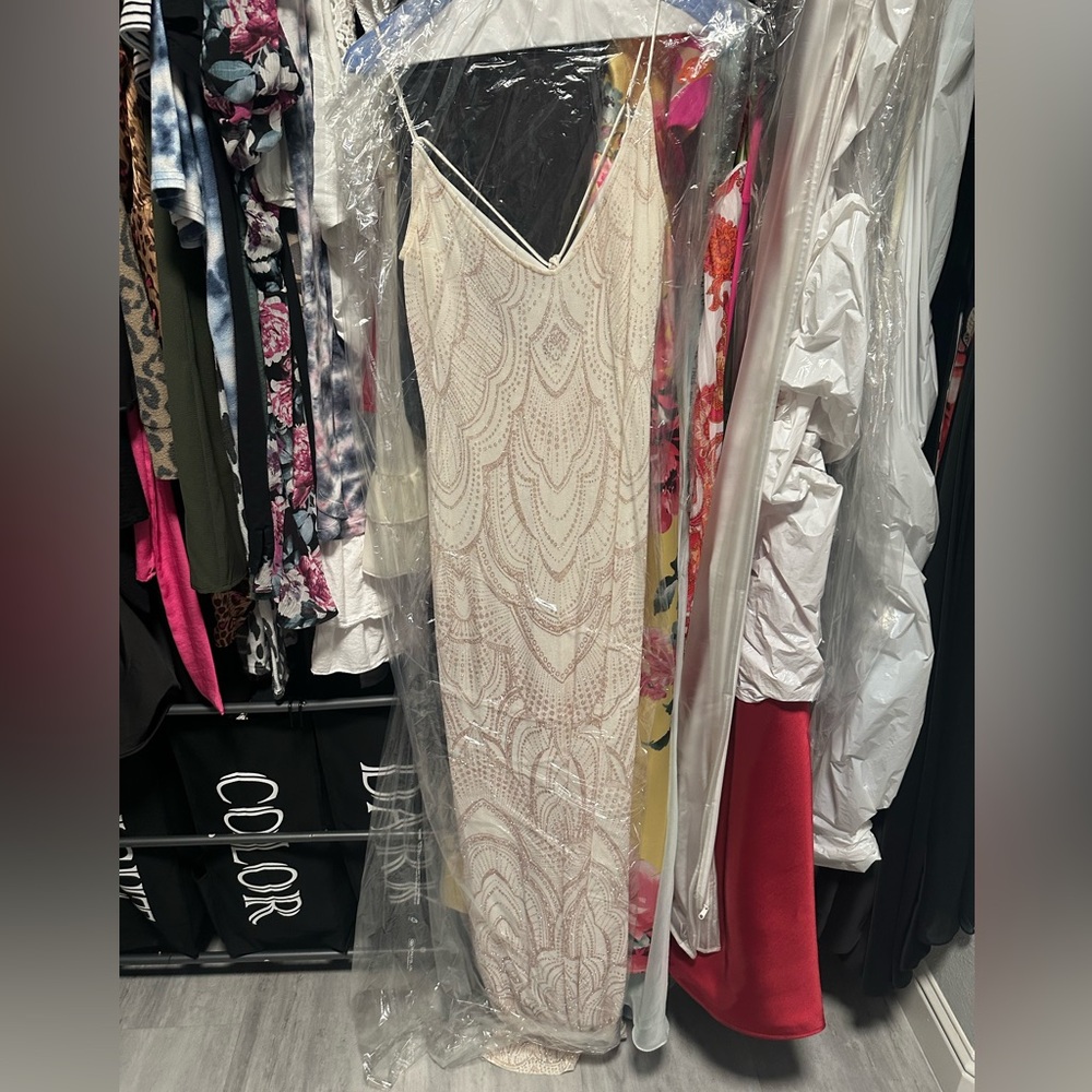 Long creme dress with rose gold glitter